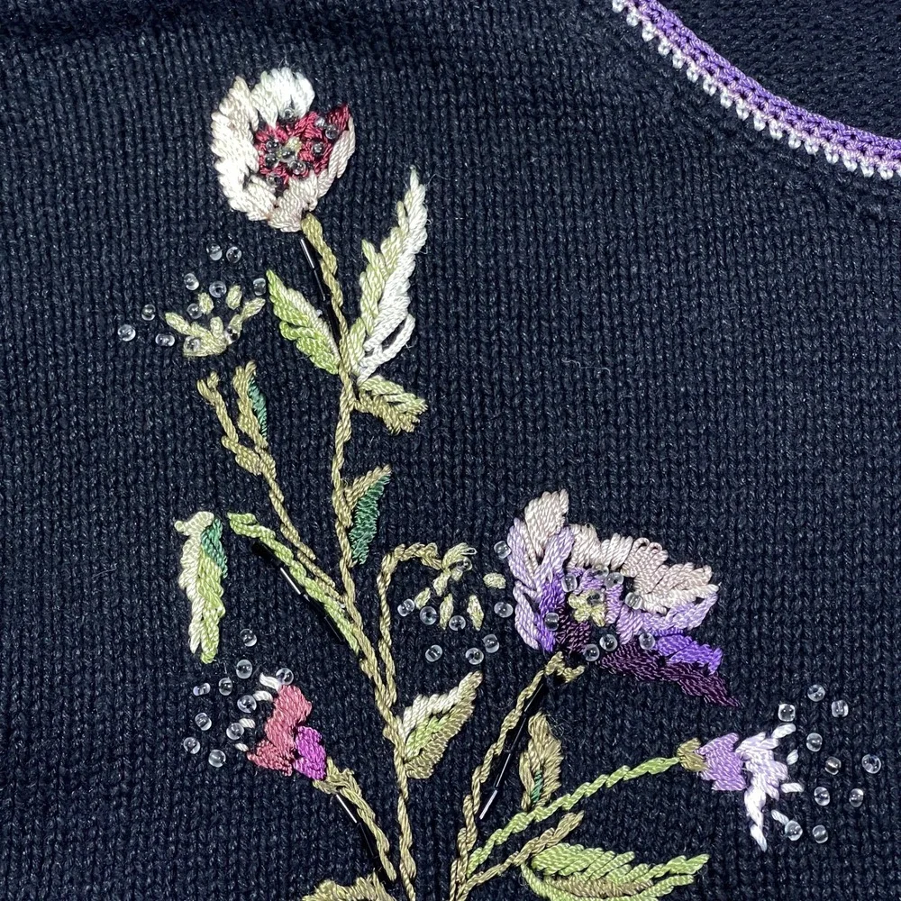 Tiara International Floral Embroidered Knit Artsy‎ Cardigan Sweater Purple Trim
